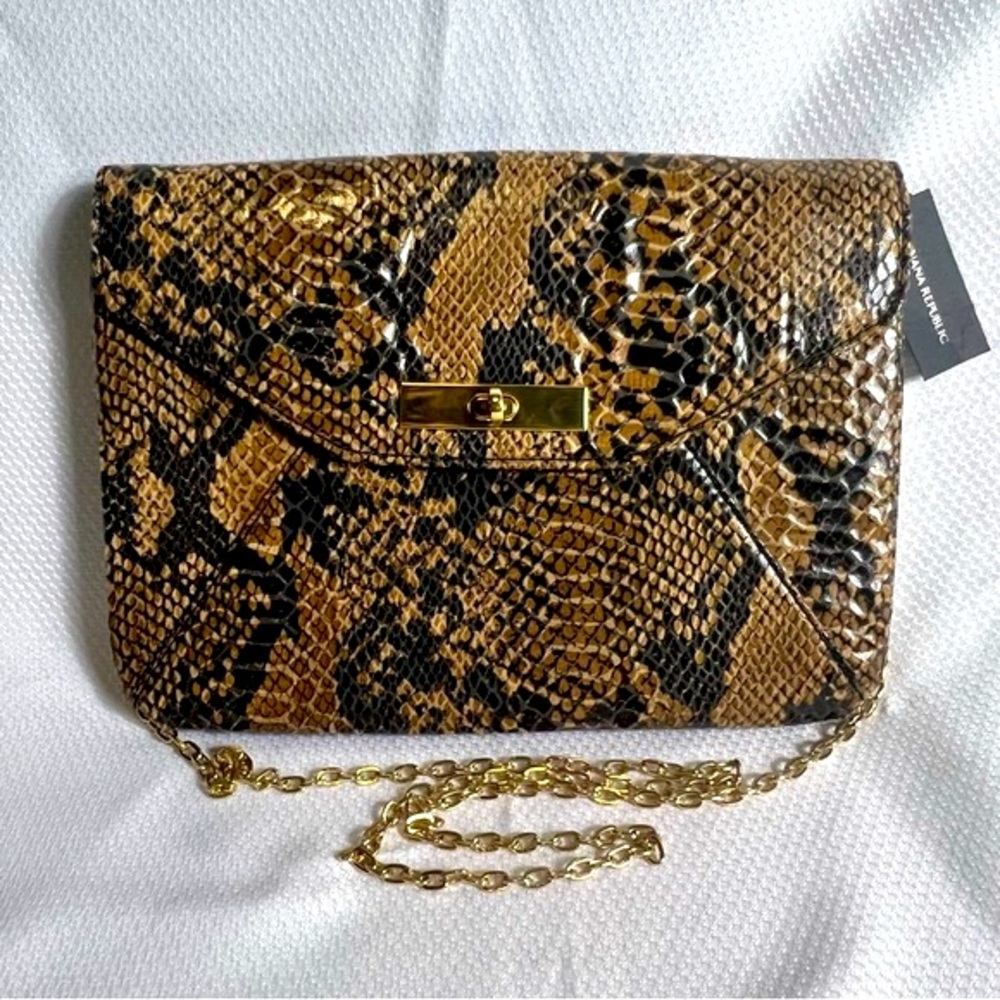 Banana Republic Faux Snakeskin Convertible Crossbody Clutch Gold Chain Purse NWT